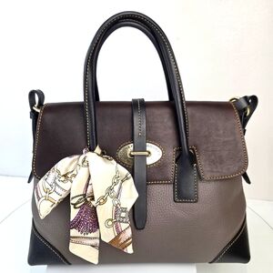 Dooney Bourke Elisa Verona Leather Flap Satchel Bag Gray Brown Black Large